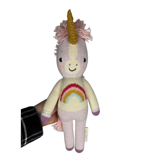 Cuddle + Kind Unicorn Stuffed Animal Handmade Peru Knit Rainbow Shirt 13" - Picture 1 of 9